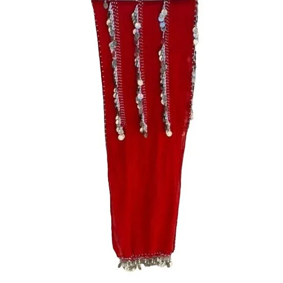 Belly Dancer Vintage Red Gold Chiffon Beaded Tassel Hand Made Scarf Wrap Shawl