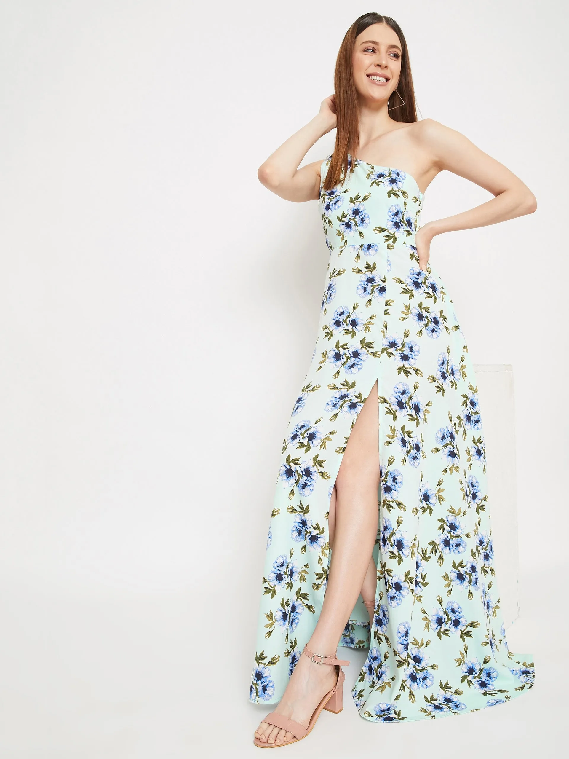 Berrylush Women Green Floral Printed One-Shoulder Maxi Dress