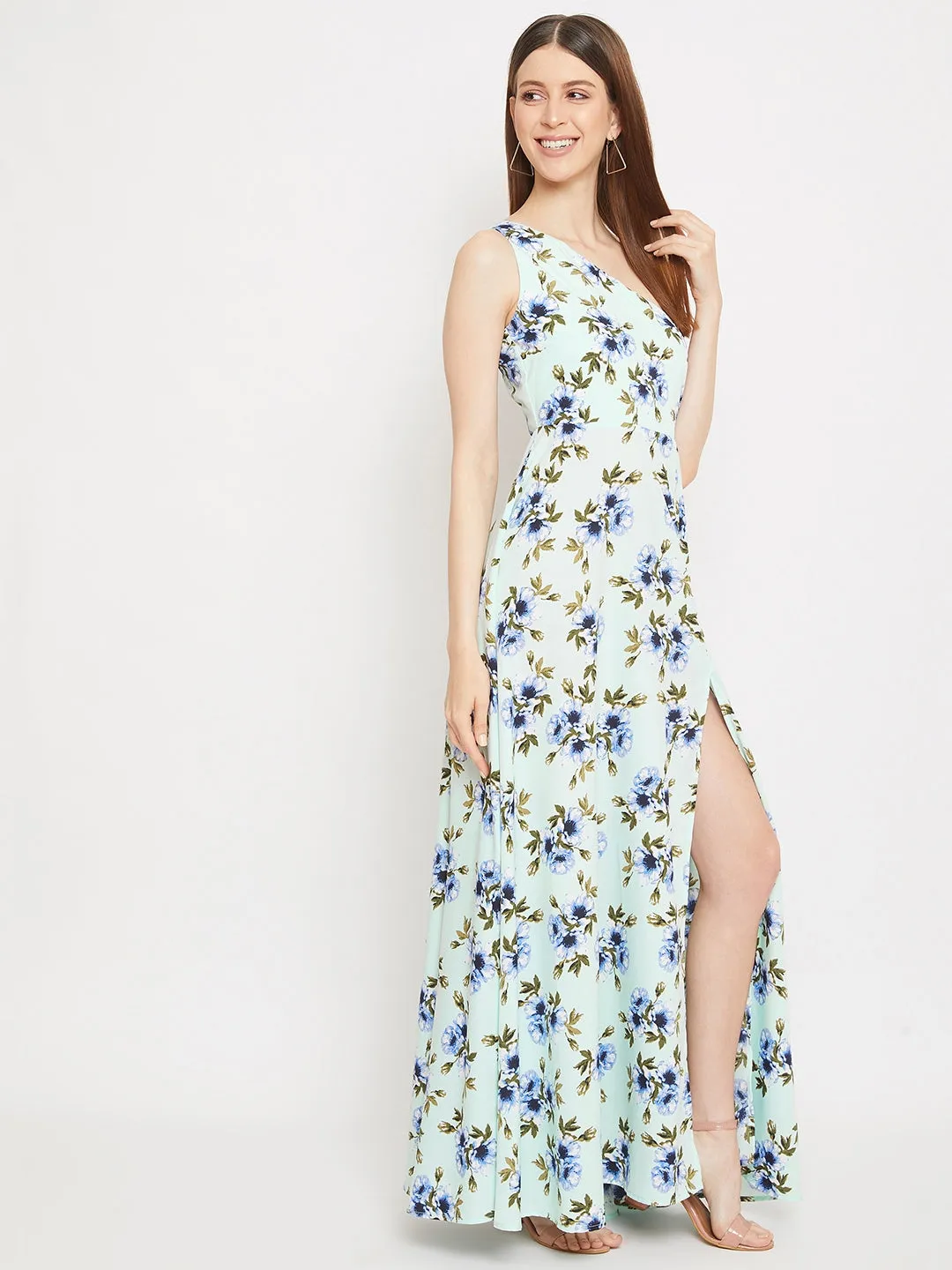 Berrylush Women Green Floral Printed One-Shoulder Maxi Dress