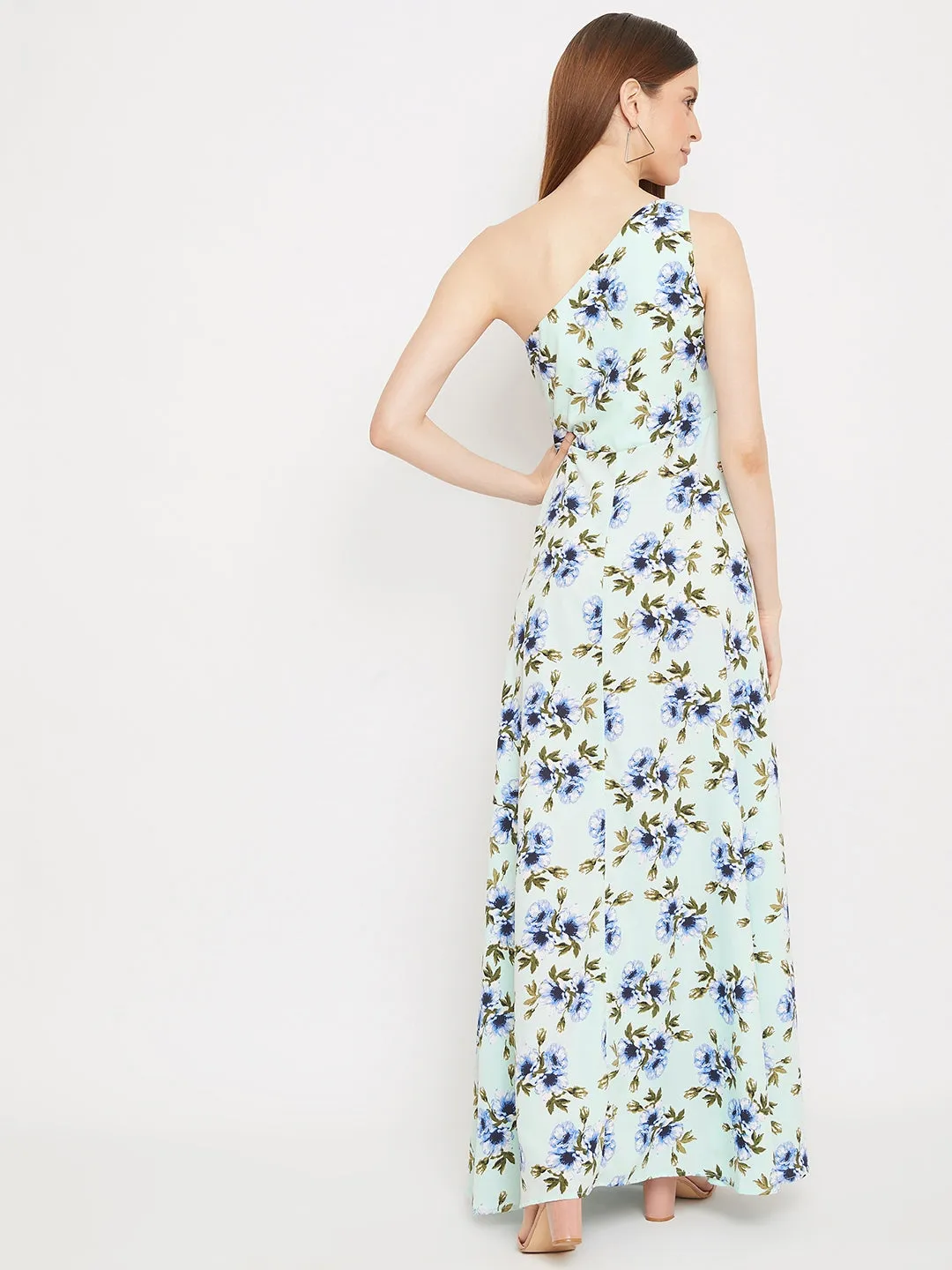 Berrylush Women Green Floral Printed One-Shoulder Maxi Dress