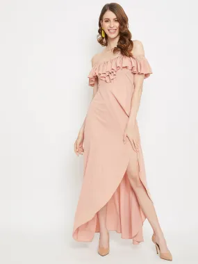 Berrylush Women Solid Pink Ruffled Off-Shoulder Maxi Dress