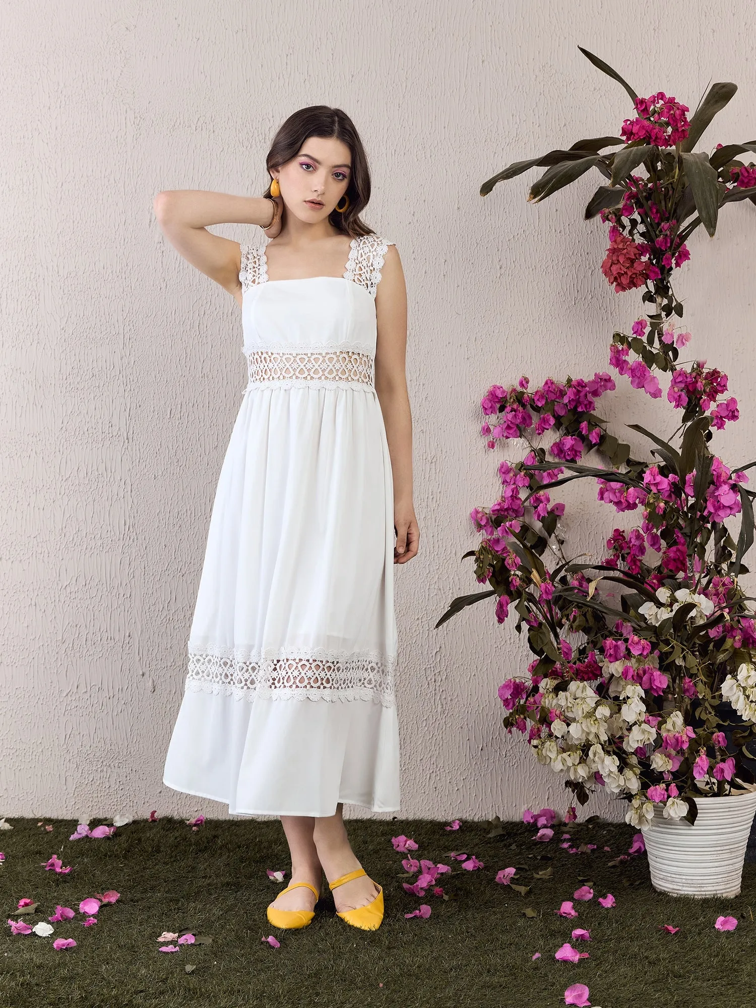 Berrylush Women Solid White Square Neck Sleeveless Lace Inserts Fit & Flare Maxi Dress