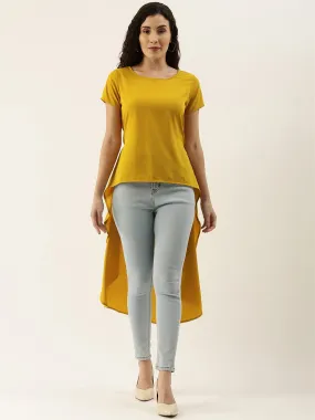 Berrylush Women Solid Yellow Crepe Waist Tie-ups High-Low Top