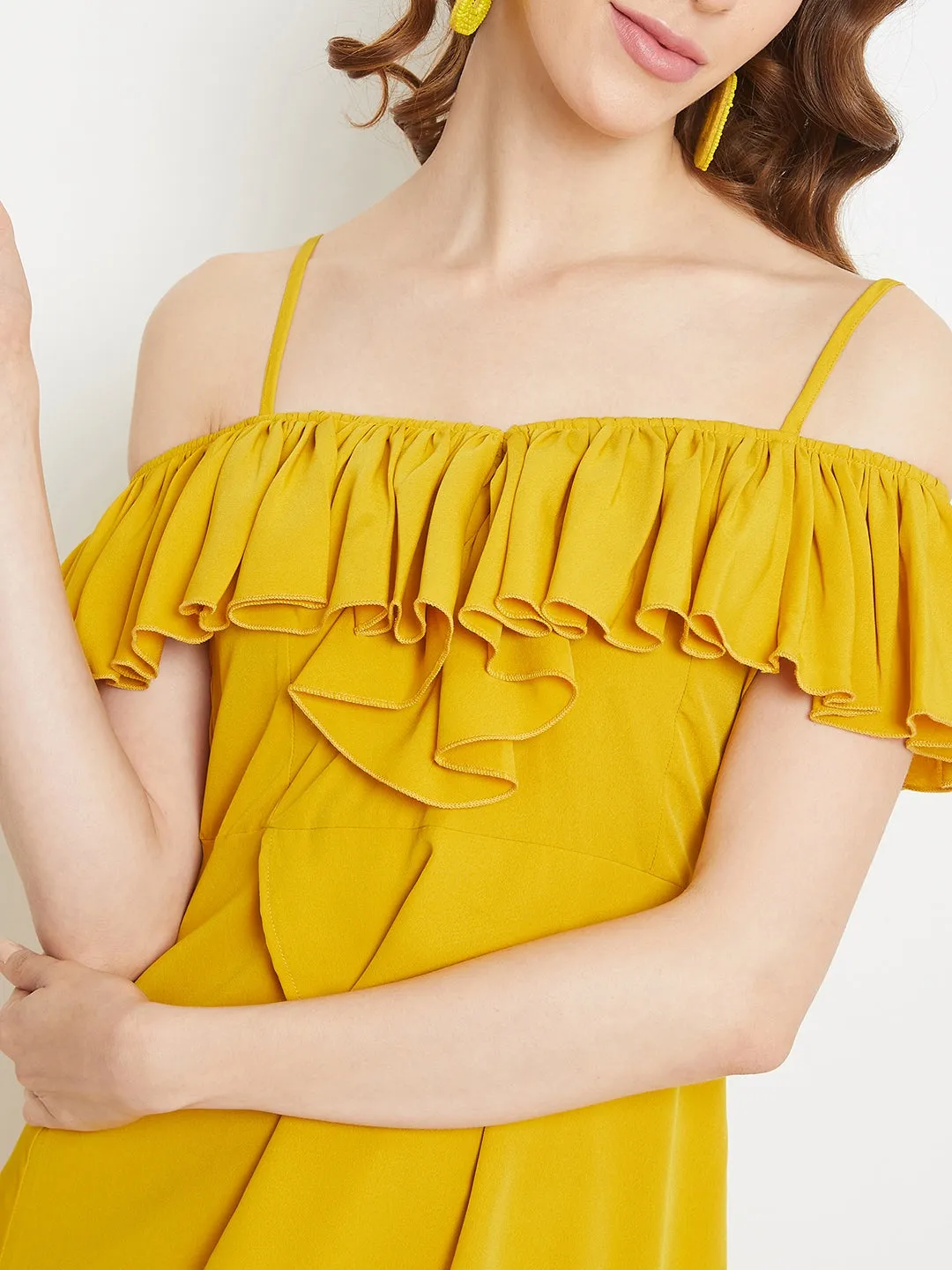 Berrylush Women Solid Yellow Ruffled Off-Shoulder Maxi Dress