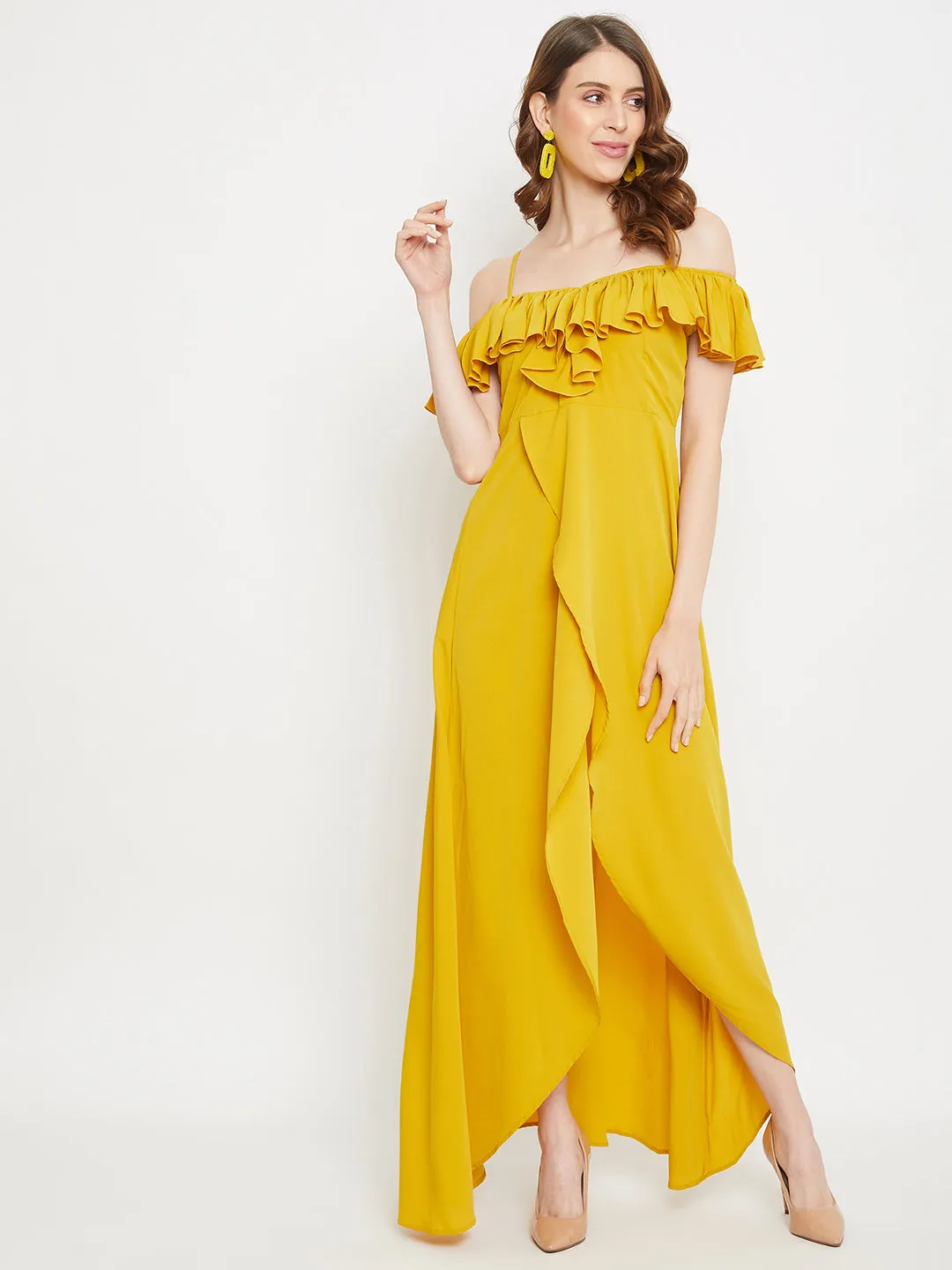 Berrylush Women Solid Yellow Ruffled Off-Shoulder Maxi Dress