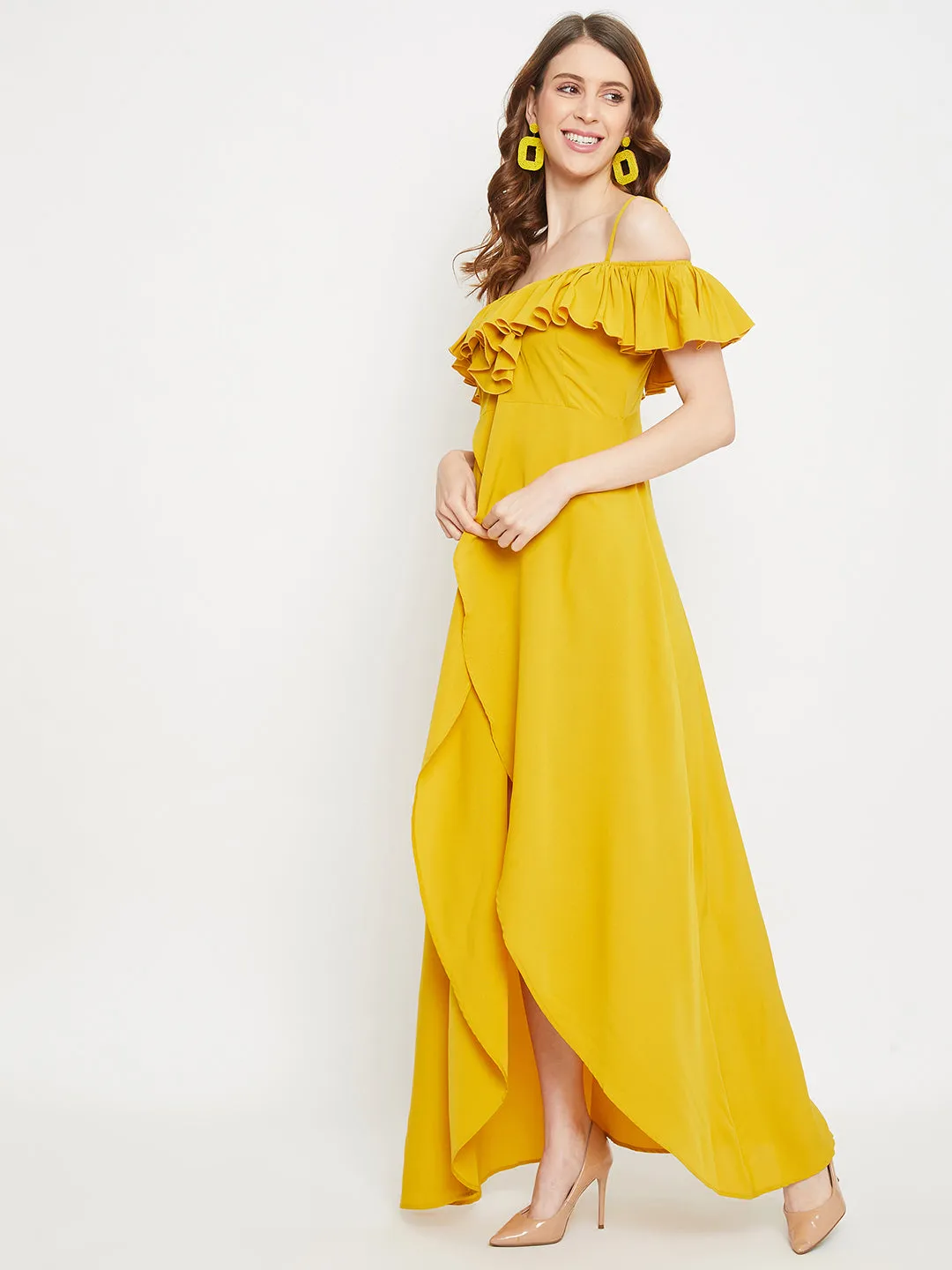 Berrylush Women Solid Yellow Ruffled Off-Shoulder Maxi Dress