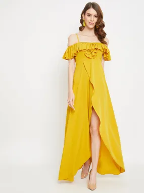 Berrylush Women Solid Yellow Ruffled Off-Shoulder Maxi Dress