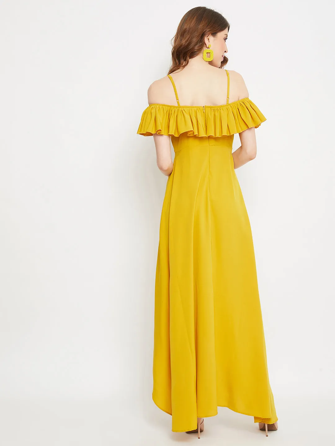 Berrylush Women Solid Yellow Ruffled Off-Shoulder Maxi Dress