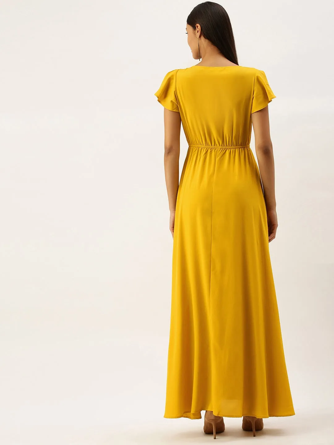 Berrylush Women Solid Yellow V-Neck Short Sleeve Maxi Dress