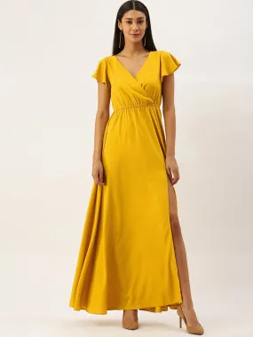 Berrylush Women Solid Yellow V-Neck Short Sleeve Maxi Dress