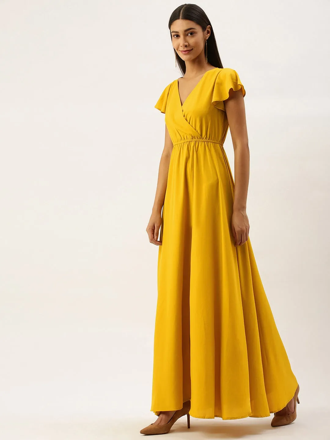 Berrylush Women Solid Yellow V-Neck Short Sleeve Maxi Dress