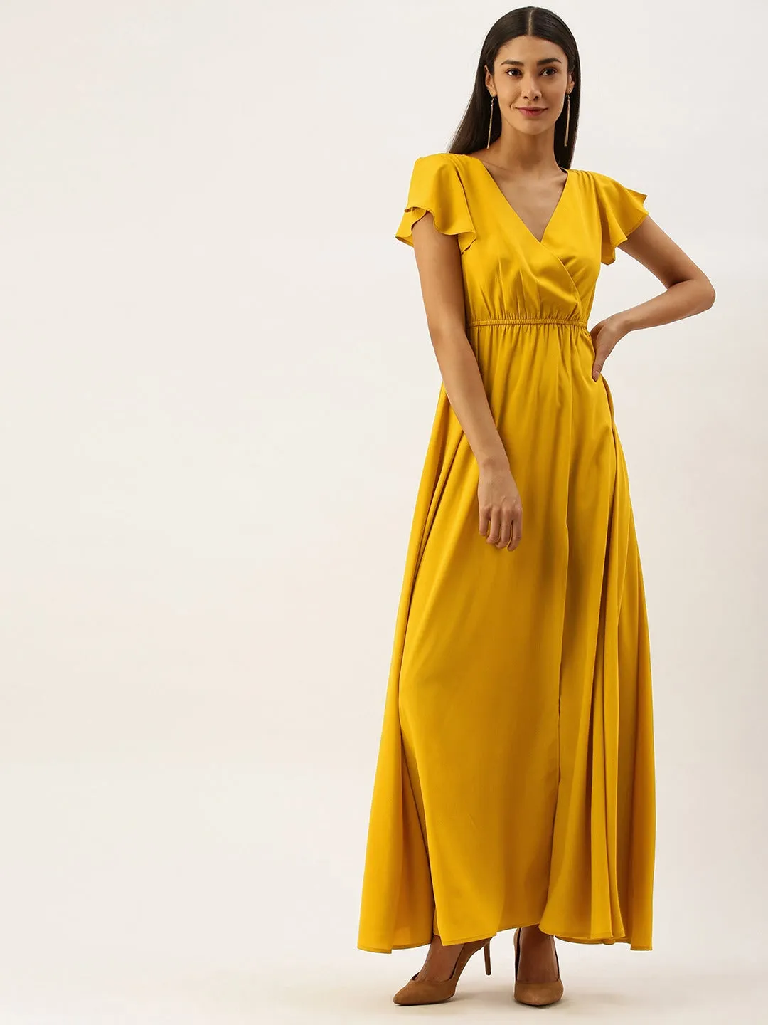 Berrylush Women Solid Yellow V-Neck Short Sleeve Maxi Dress