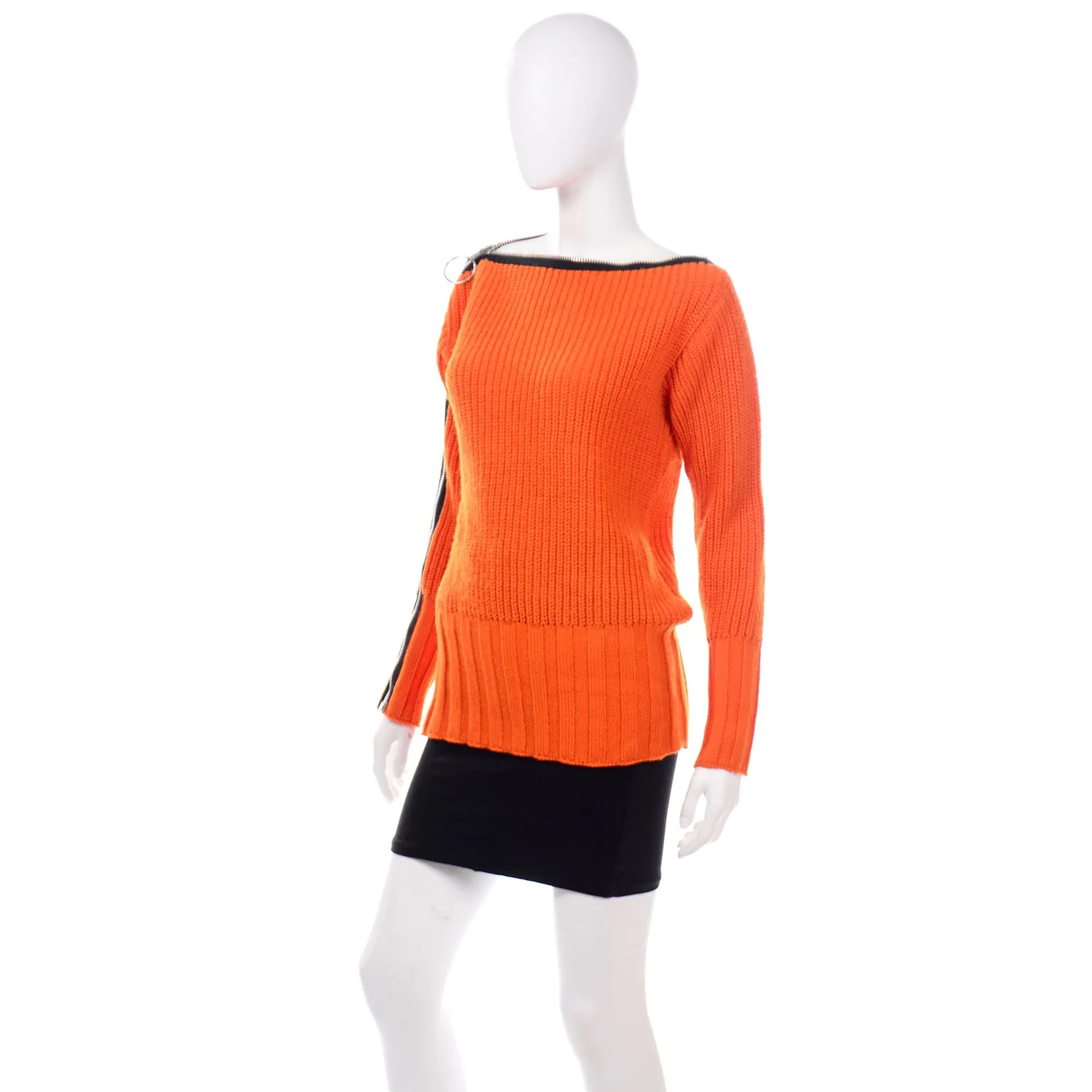 Betsey Johnson Punk Label Orange Chunky Knit Zipper Sweater W Mini Skirt