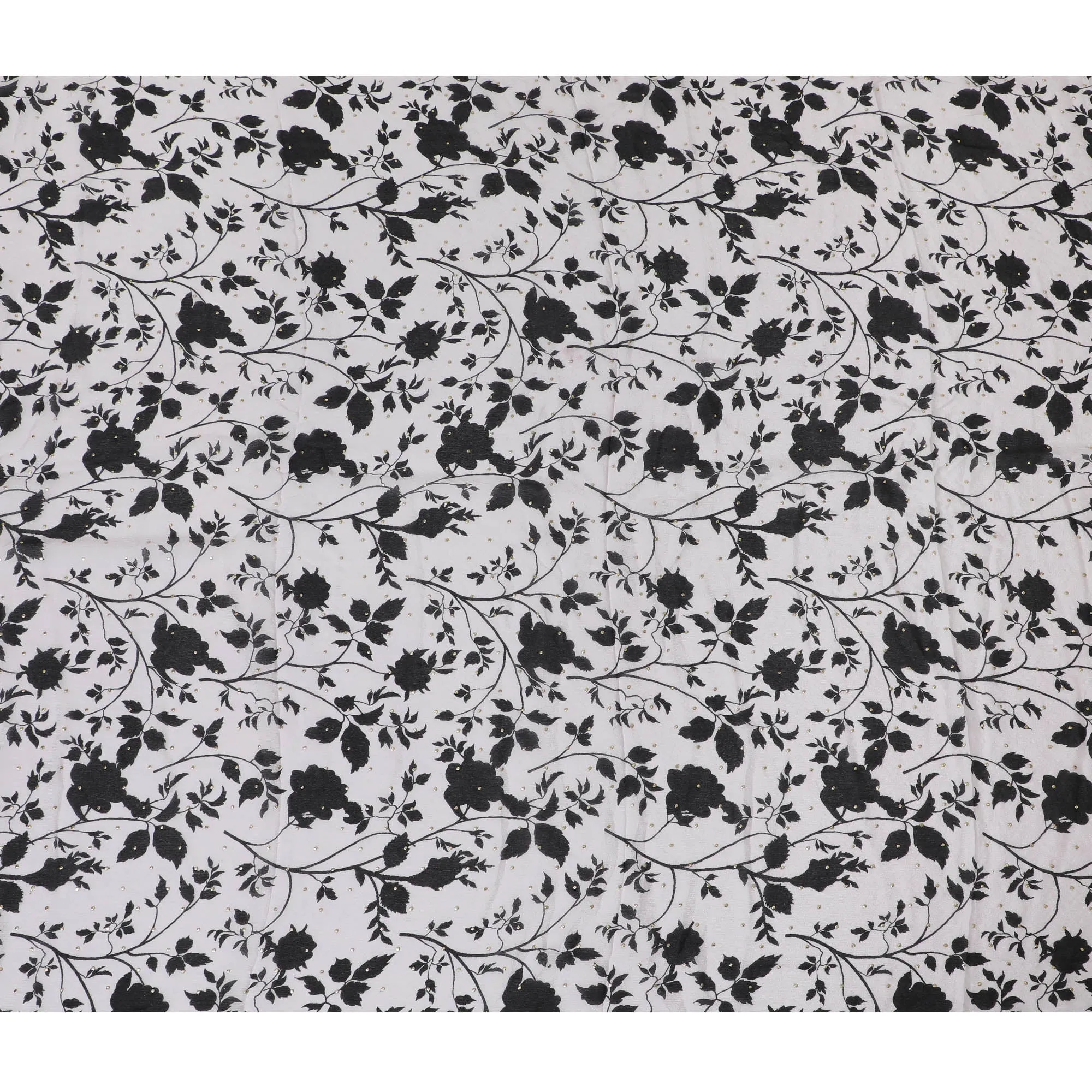 Black and White Floral Synthetic Chinon Fabric with gold foil, 110 cm Width-D19672