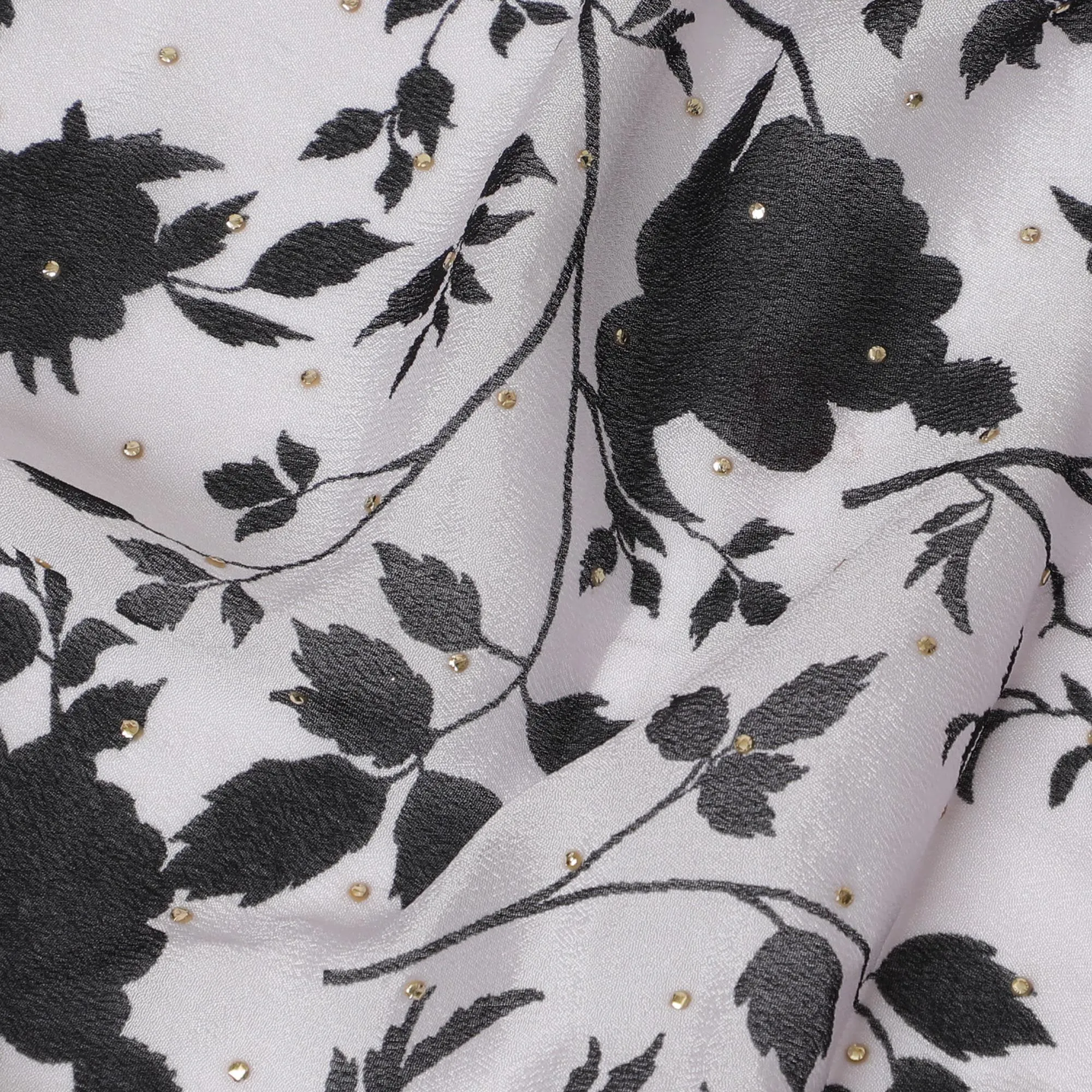 Black and White Floral Synthetic Chinon Fabric with gold foil, 110 cm Width-D19672