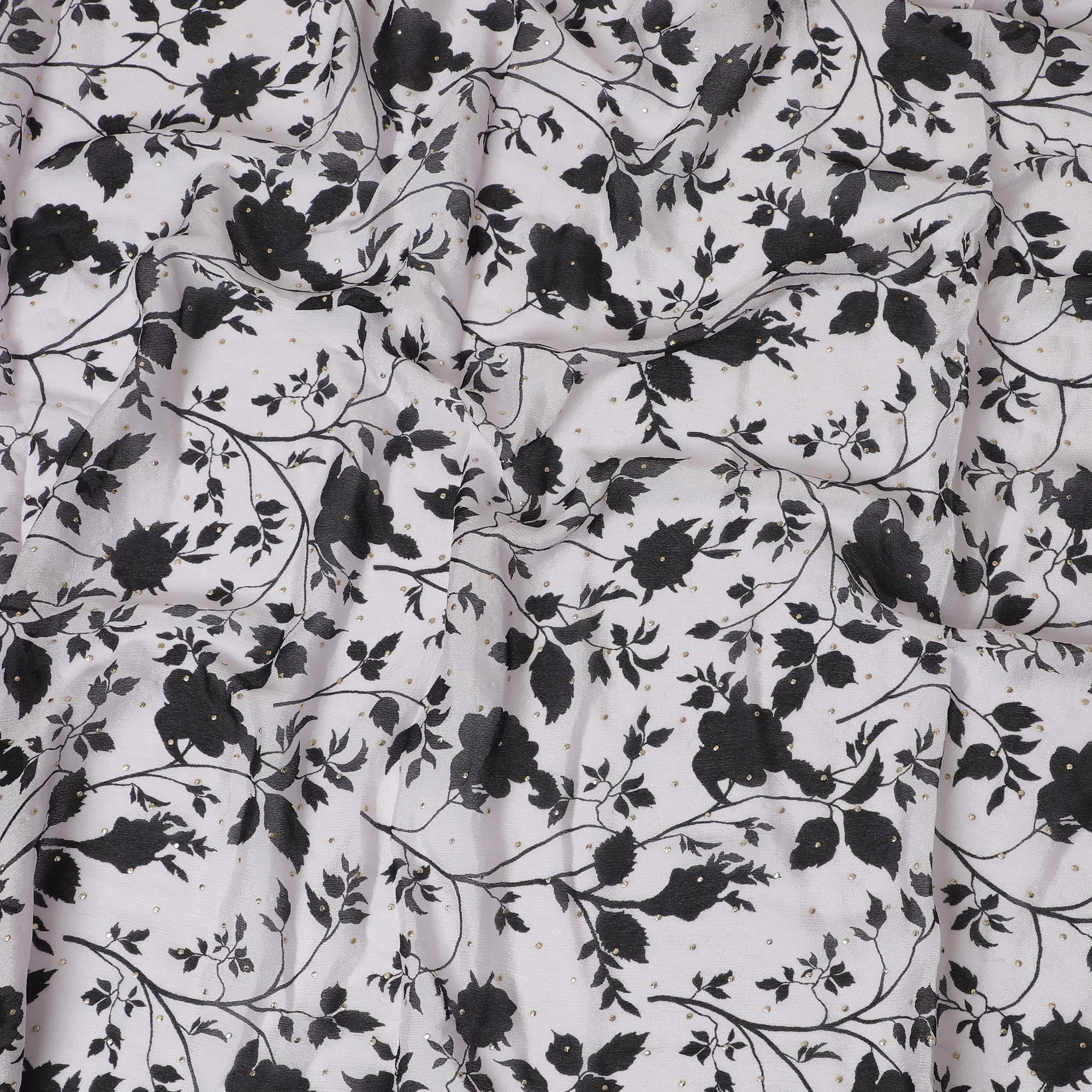 Black and White Floral Synthetic Chinon Fabric with gold foil, 110 cm Width-D19672