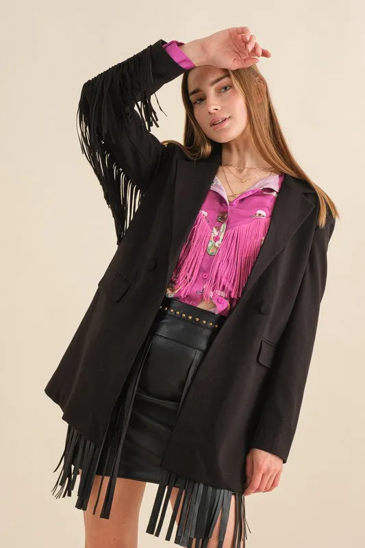 Black Double Breasted Fringe Blazer