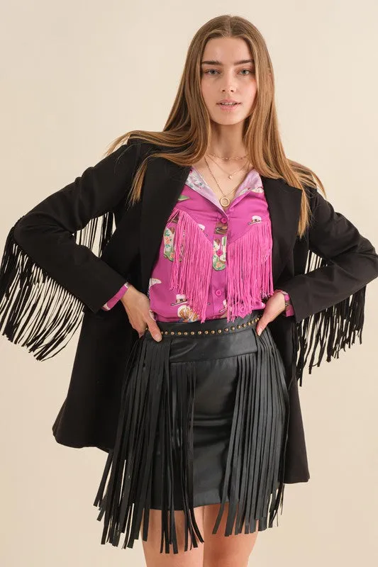 Black Double Breasted Fringe Blazer