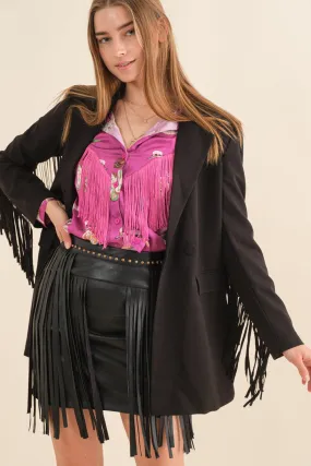 Black Double Breasted Fringe Blazer