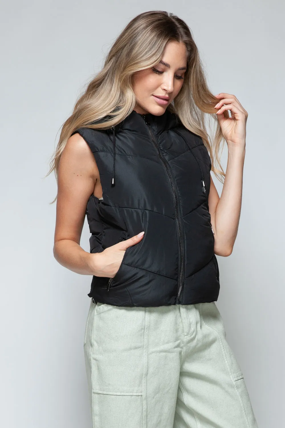 Black Sleeveless Jacket New Women's Fashion  Zip Up Quilted Hooded Vest