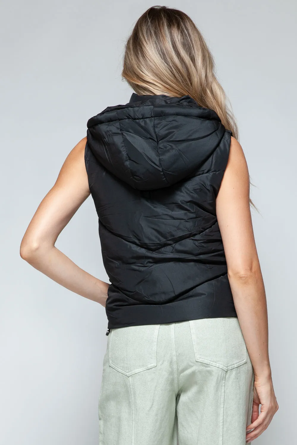 Black Sleeveless Jacket New Women's Fashion  Zip Up Quilted Hooded Vest