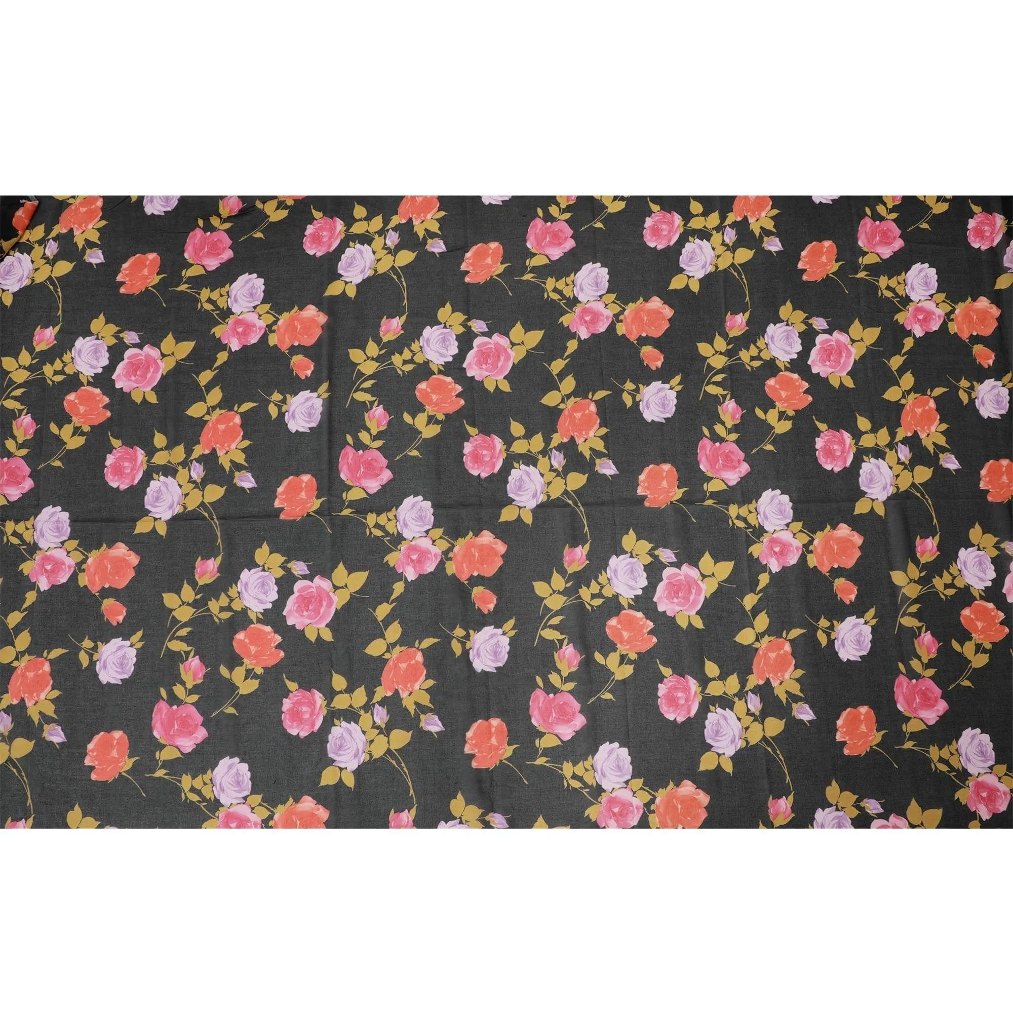 Black Swiss cotton voile fabric with gold, creamy pink and lilac print in floral design