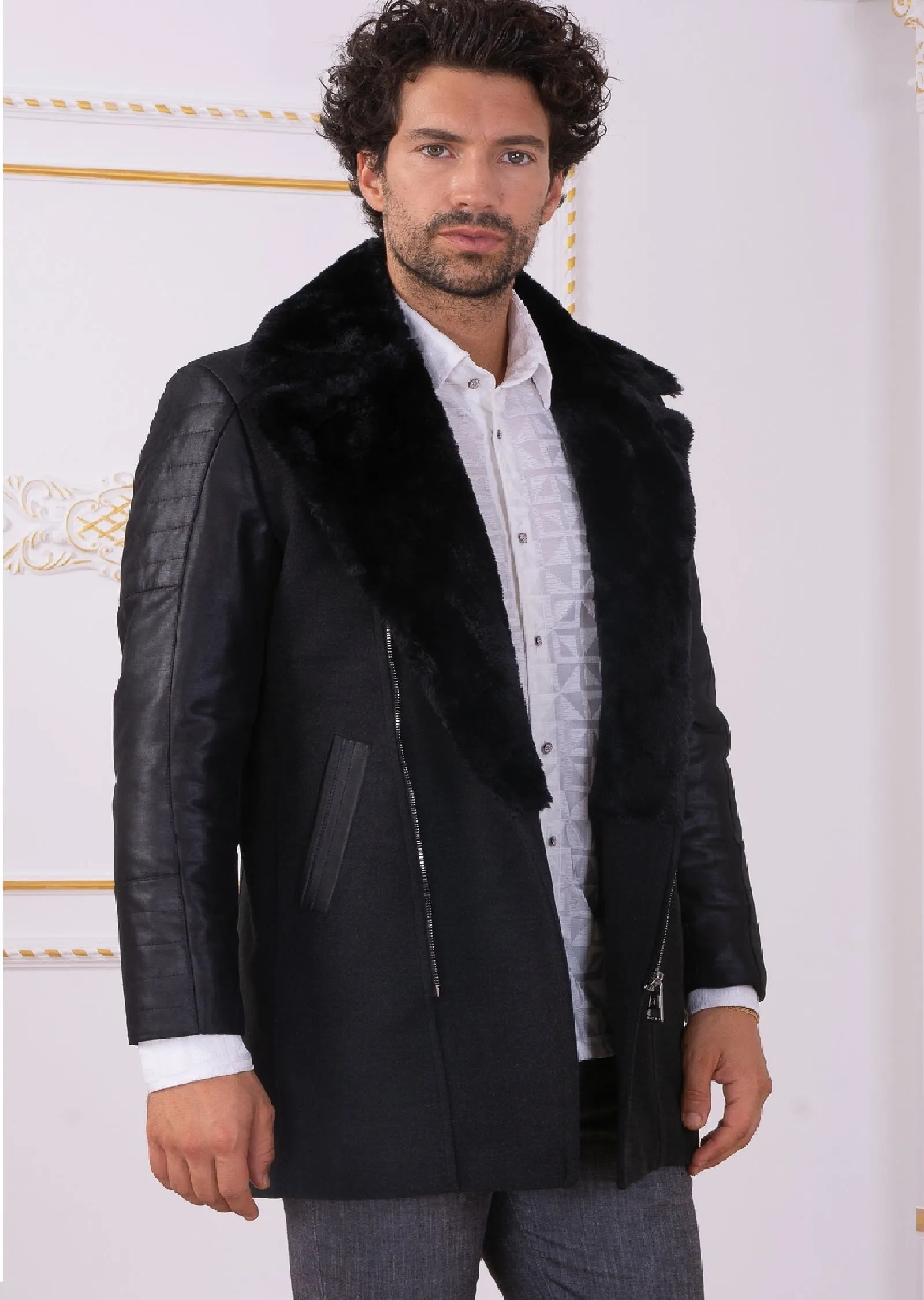 Black Waxed Zipper Quilted Coat