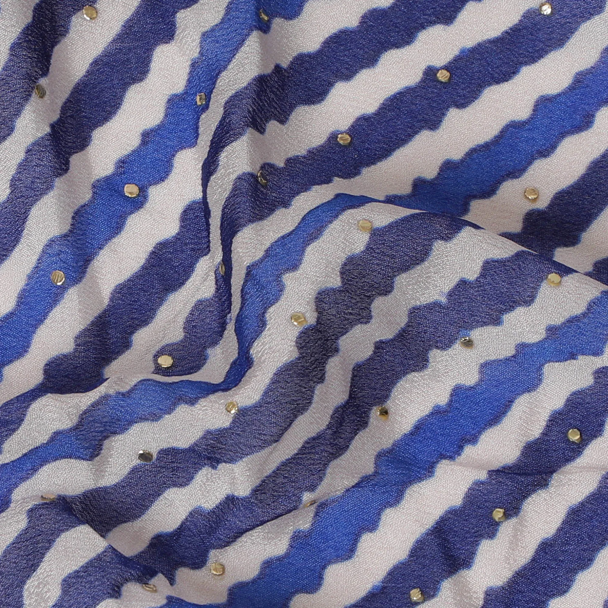 Blue and White Striped Synthetic Chinon Fabric with gold foil, 110 cm Width-D19673