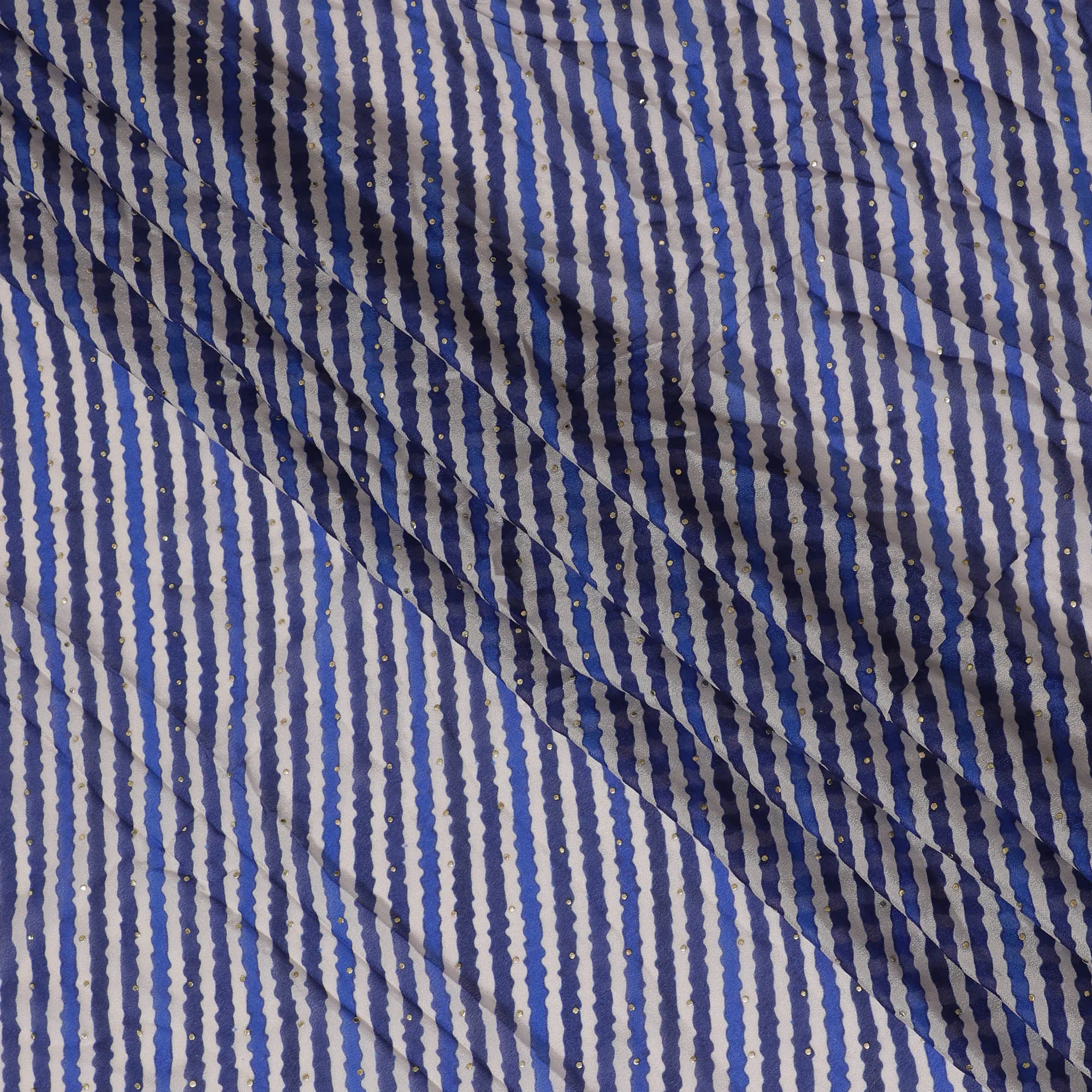 Blue and White Striped Synthetic Chinon Fabric with gold foil, 110 cm Width-D19673