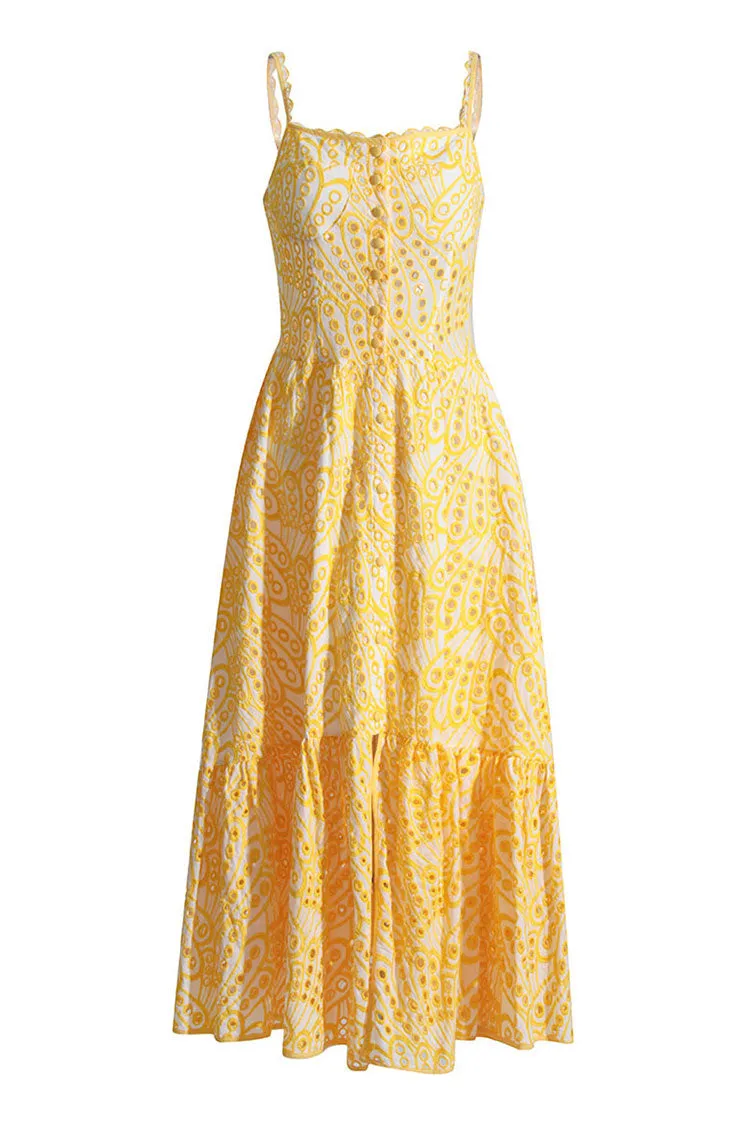 Boho Scalloped Eyelet Floral Broderie Anglaise Button Up Ruffle Midi Sundress