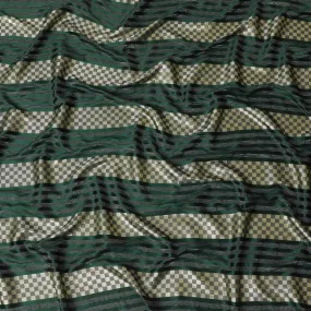 Bottle green synthetic crepe fabric with gold metallic lurex weave in stripe design-D15382