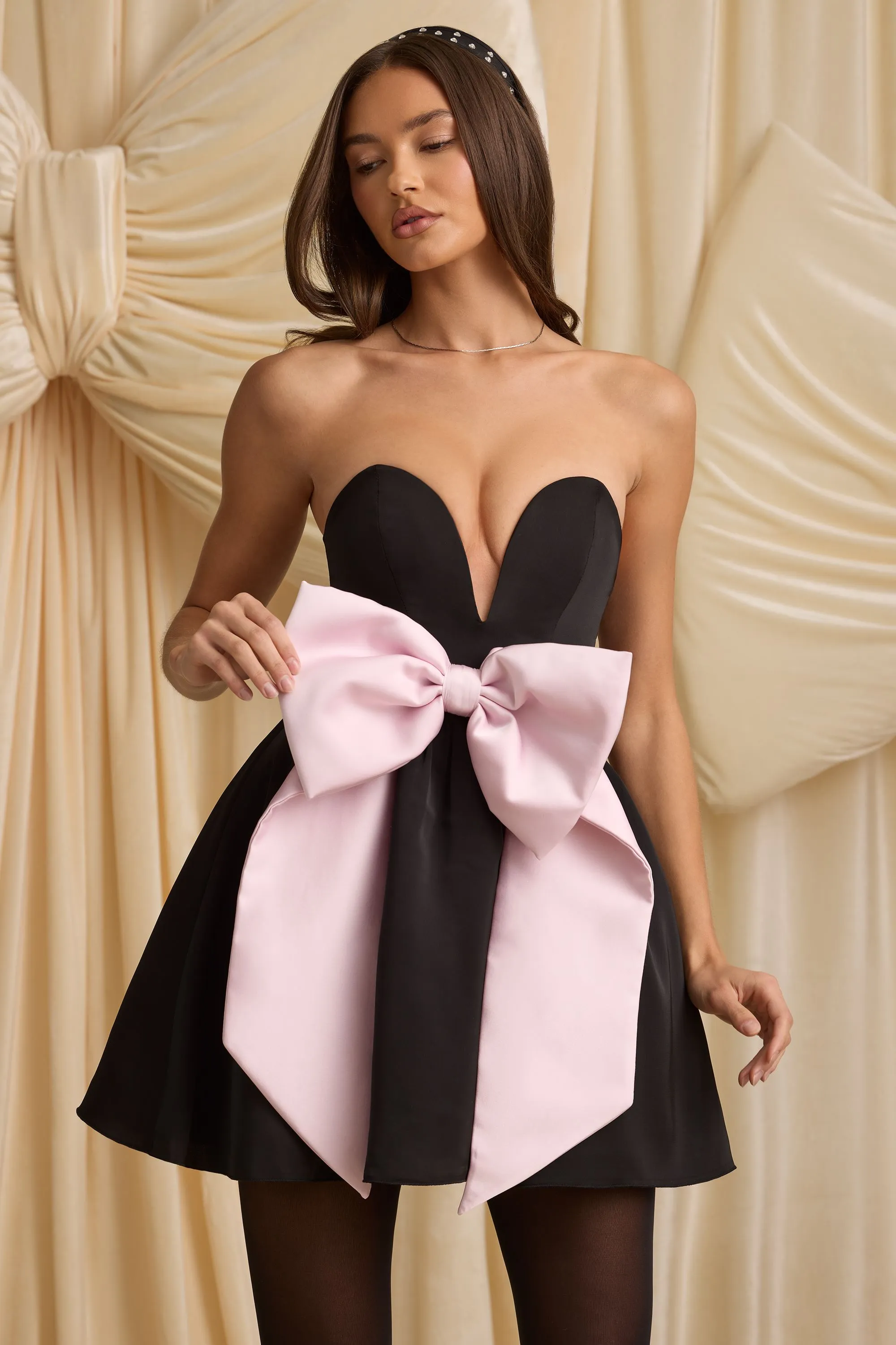 Bow-Detail Corset Mini Dress in Black