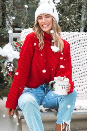 Bright Red Ribbed Turtleneck Sweater