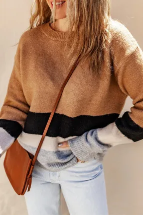 Brown Color Block Striped Knit Sweater