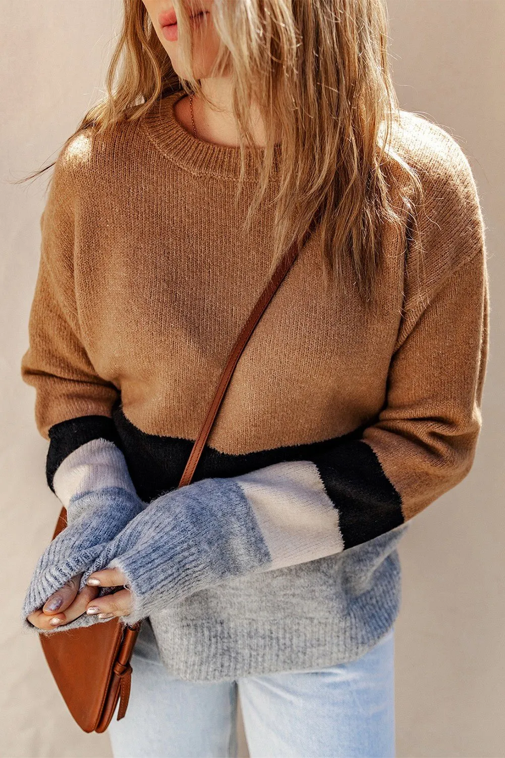 Brown Color Block Striped Knit Sweater