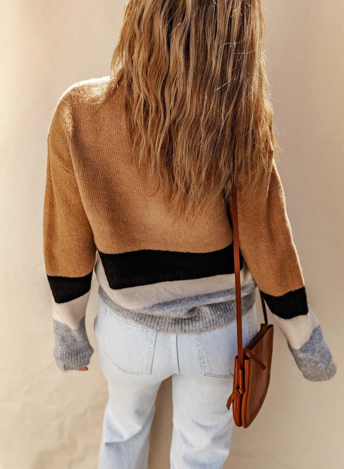 Brown Color Block Striped Knit Sweater