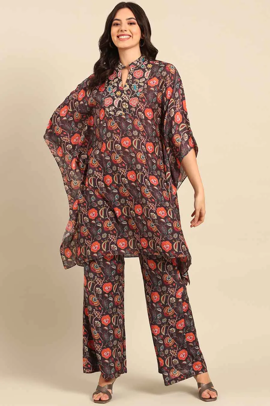 Brown Printed Kaftan & Pant Co-Ord Set