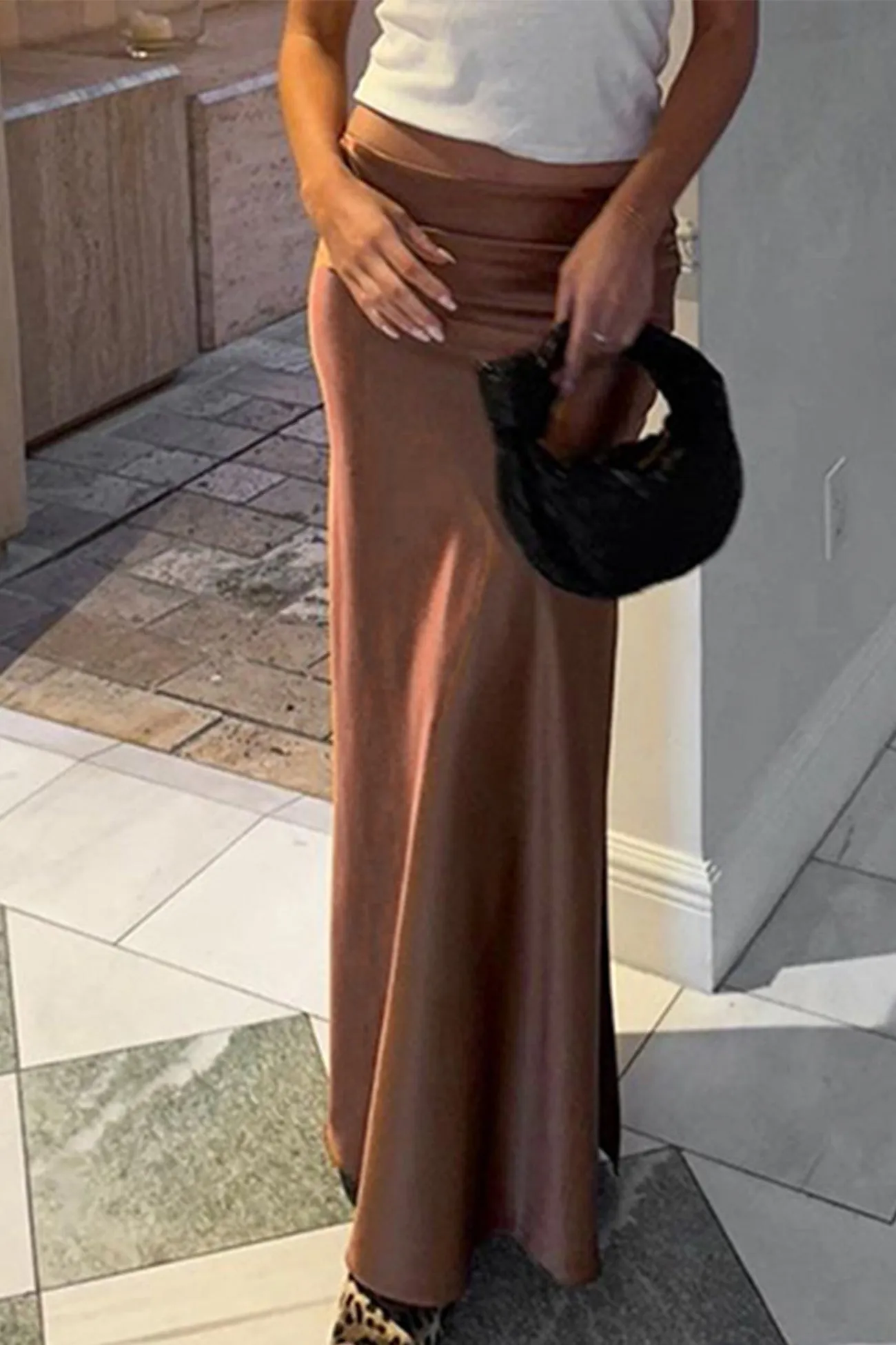 Brown Satin Low-Rise Slit Midi Skirt