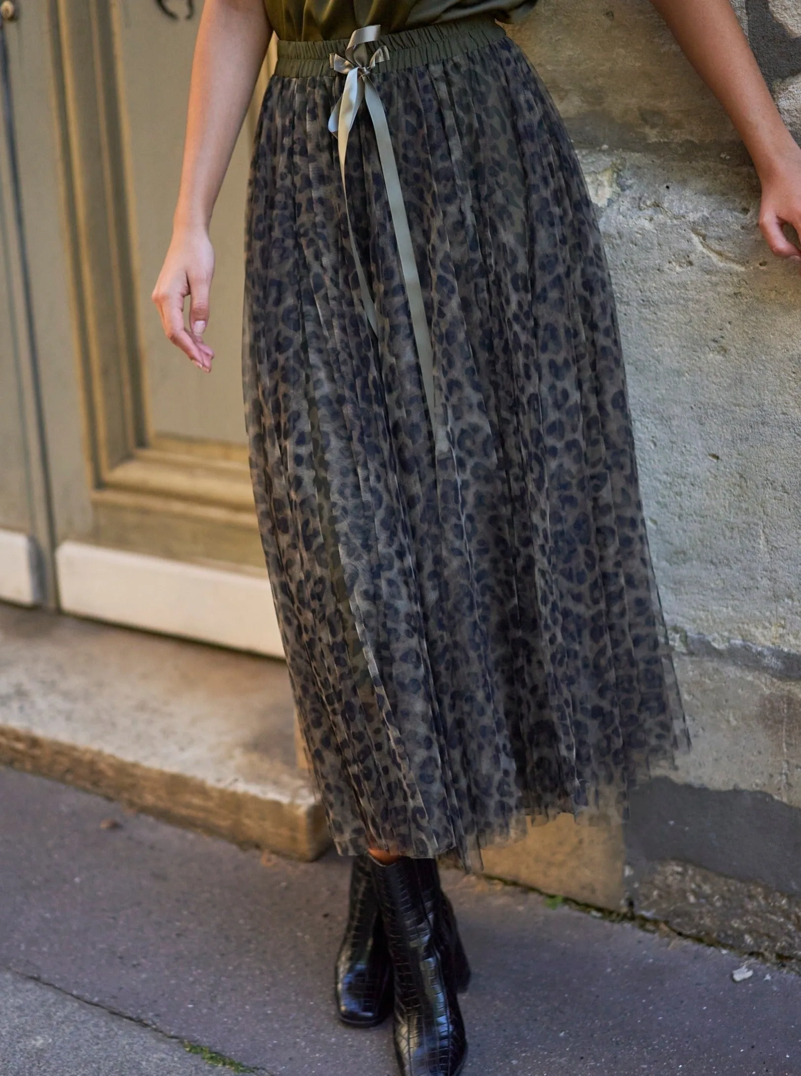 Carrie Tulle Big Leopard Print Khaki Skirt