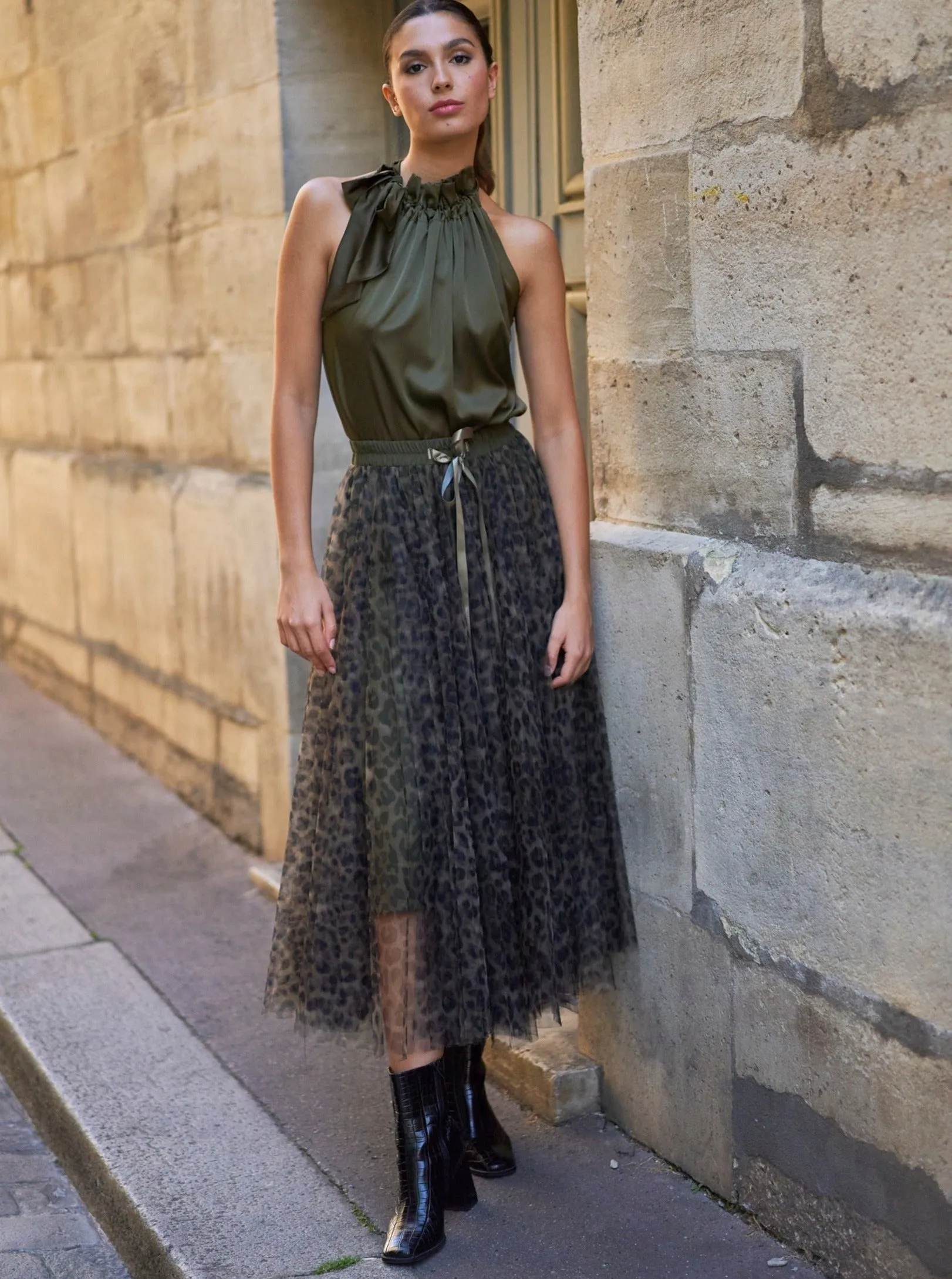 Carrie Tulle Big Leopard Print Khaki Skirt