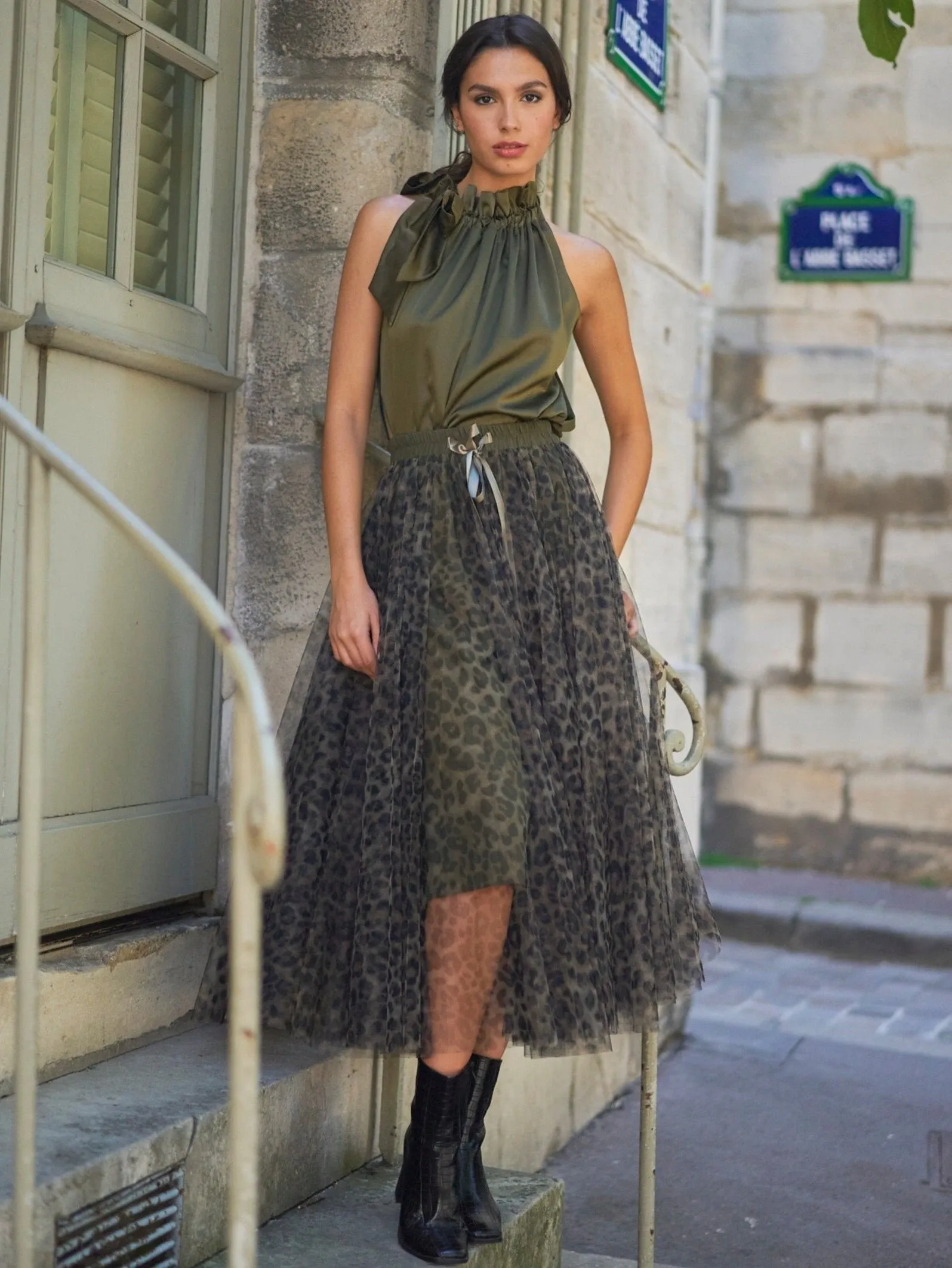 Carrie Tulle Big Leopard Print Khaki Skirt