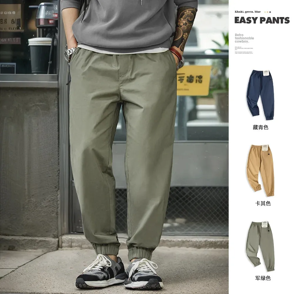 Casual 100% Cotton Stretch Twill Tapered Pants Khaki Elastic Waist Joggers Cuffed Pants