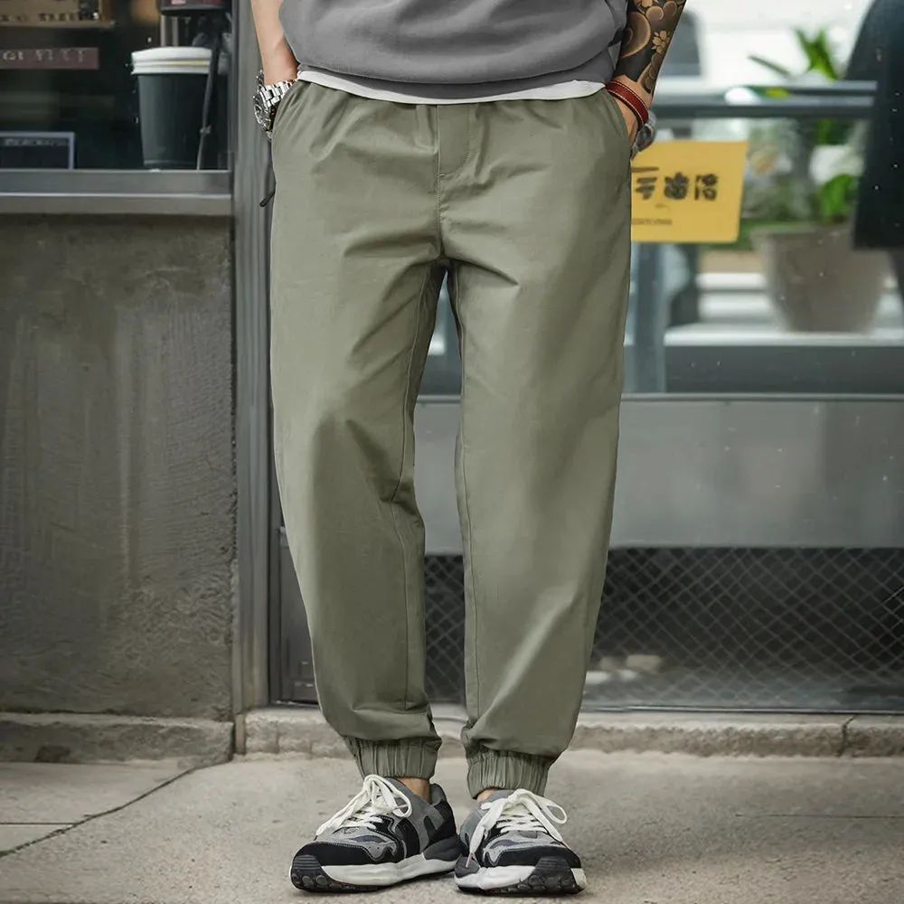 Casual 100% Cotton Stretch Twill Tapered Pants Khaki Elastic Waist Joggers Cuffed Pants