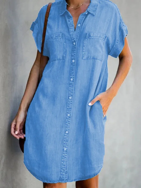 Casual Short-sleeve blue slim-fit denim midi dress