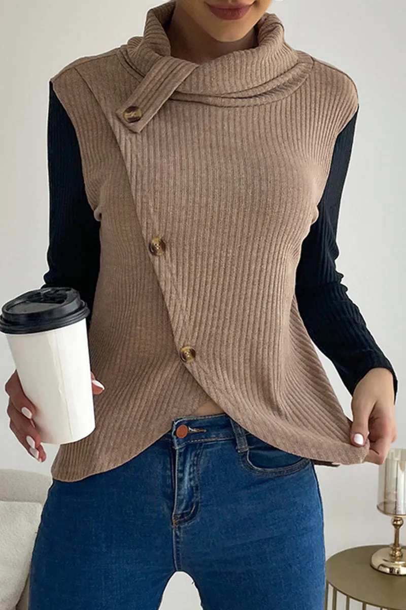 Casual Solid Buttons Asymmetrical Turtleneck Tops