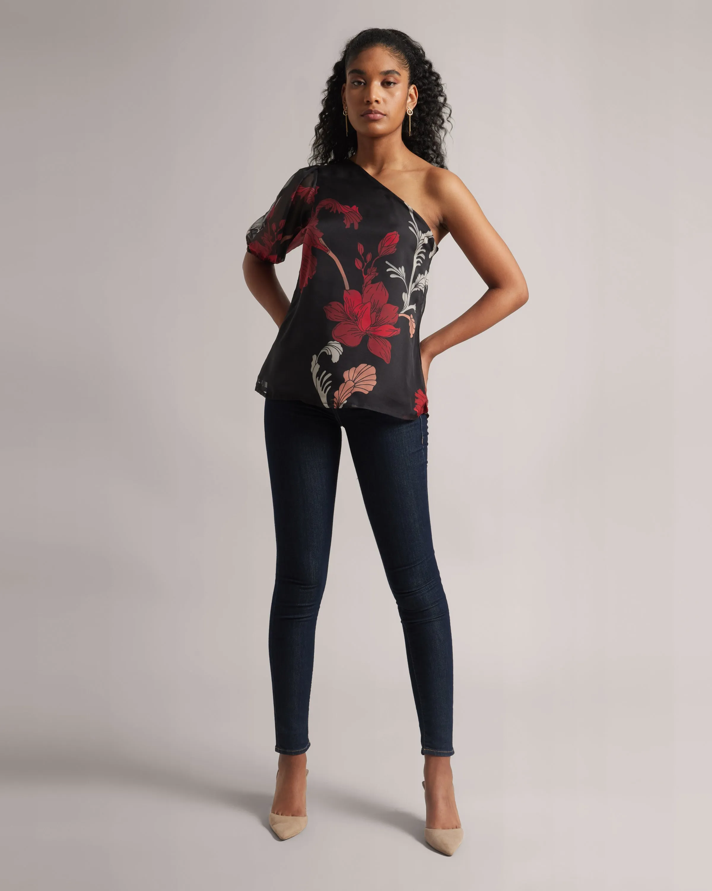 Charcoal Black Fiery Print One-shoulder Top