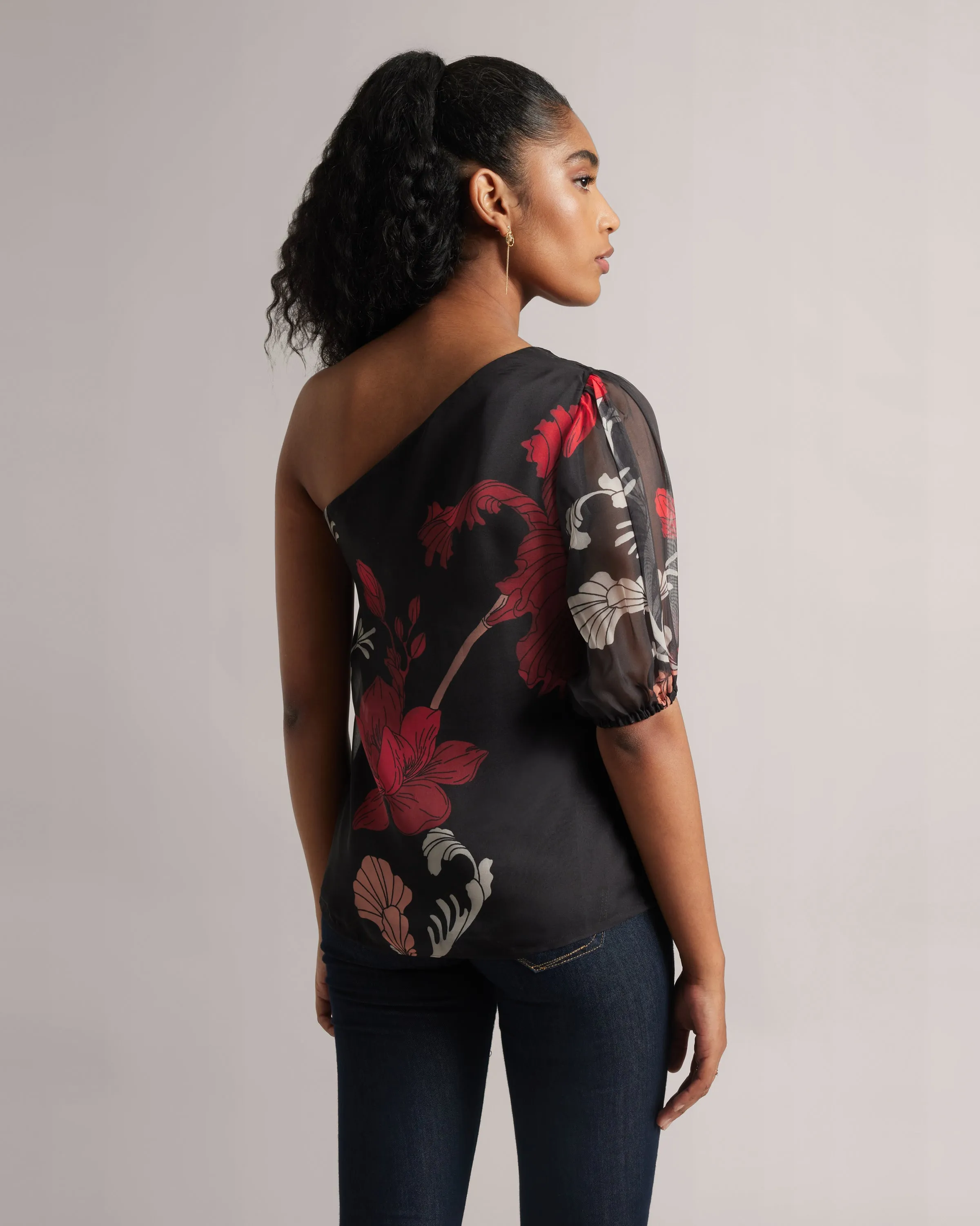 Charcoal Black Fiery Print One-shoulder Top