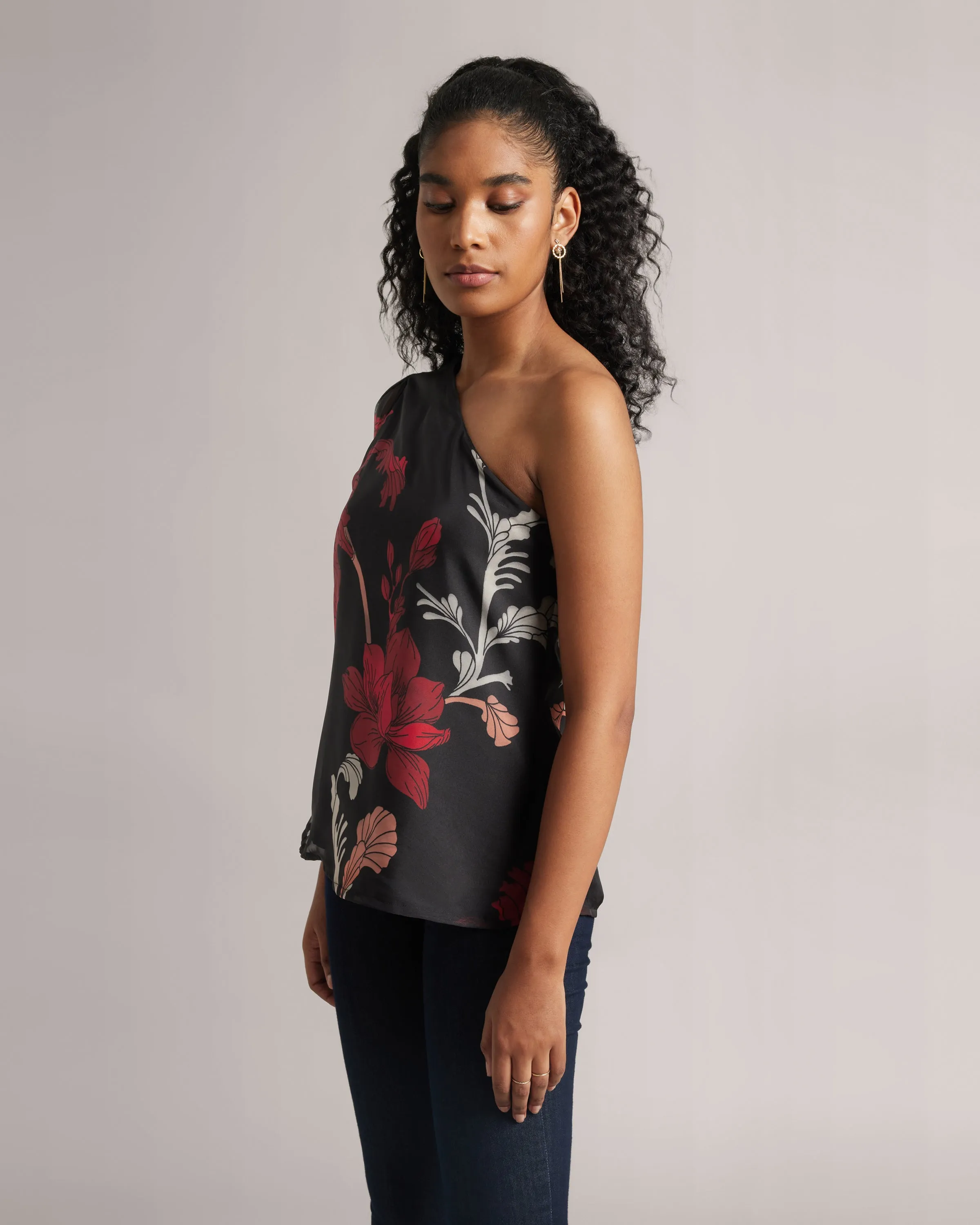 Charcoal Black Fiery Print One-shoulder Top