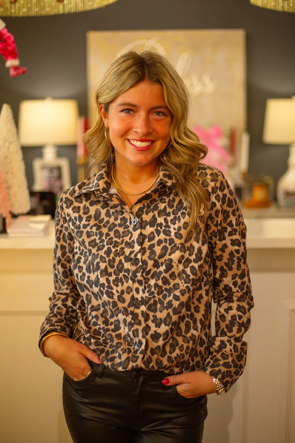 Cheetah Print Button Down Blouse