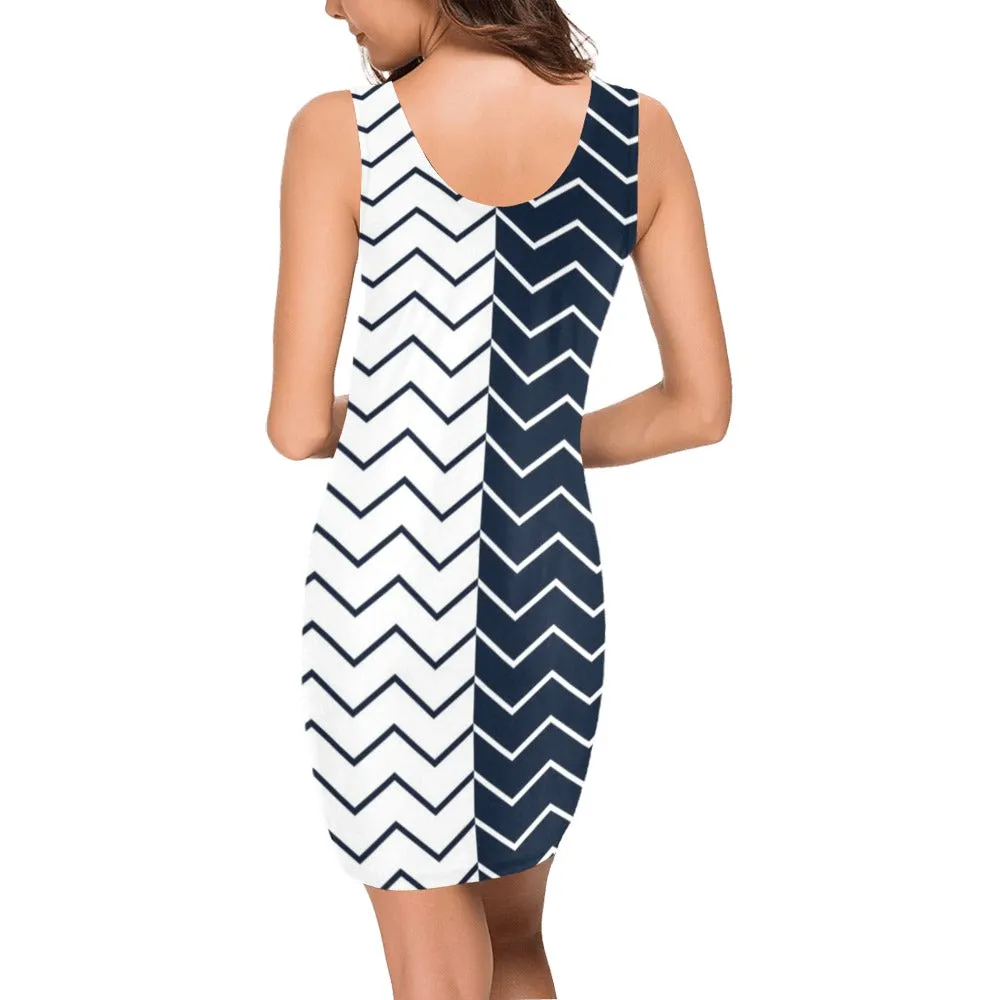 chevron blue and white print Medea Vest Dress (Model D06)